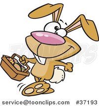 Cartoon Happy Brown Easter Bunny Carrying a Basket of Eggs by Toonaday