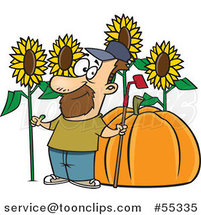 Cartoon Green Thumb Farmer with Sunflowers and a Giant Pumpkin by Toonaday