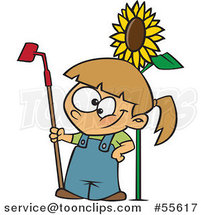 Cartoon Happy White Girl Standing with a Gardening Hoe by a Sunflower by Toonaday