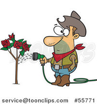 Cartoon White Cowboy Guy Watering a Rose Bush by Toonaday