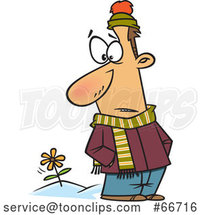 Cartoon White Guy in Winter Clothes, Seeing a Spring Flower by Toonaday