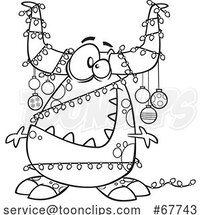 Clipart Outline Cartoon Christmas Monster Decorated in Baubles and Lights by Toonaday