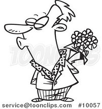 Cartoon Black and White Line Drawing of a Puckering Guy Holding Flowers by Toonaday