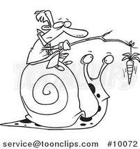 Cartoon Black and White Line Drawing of a Business Man Progressing a Snail with a Carrot by Toonaday