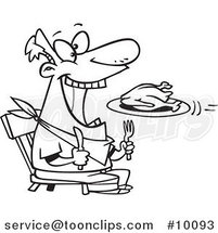 Cartoon Black and White Line Drawing of a Turkey Flying into a Guy's Mouth by Toonaday