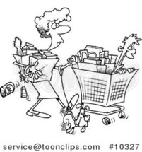 Cartoon Black and White Line Drawing of a Lady Shopping with Her Son by Toonaday