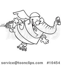 Cartoon Black and White Line Drawing of a Roller Blading Elephant by Toonaday