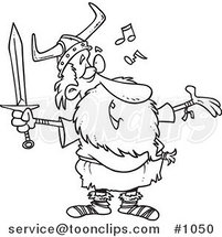 Cartoon Black and White Outline Design of an Old Viking Holding a Sword and Singing by Toonaday