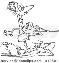 Cartoon Black and White Line Drawing of a Water Skiing Guy by Toonaday
