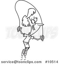 Cartoon Black and White Line Drawing of a Lady Skipping Rope by Toonaday