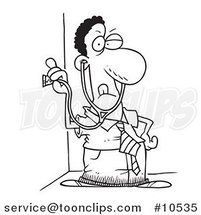 Cartoon Black and White Line Drawing of a Snooping Black Business Man Holding a Stethoscope to a Wall by Toonaday