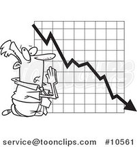 Cartoon Black and White Line Drawing of a Business Man Praying by a Failing Chart by Toonaday