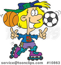 Cartoon Sporty Girl Roller Blading with a Basketball and Soccer Ball by Toonaday