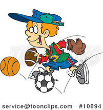 Cartoon Sporty Boy with a Baseball Glove, Basketball, Football and Soccer Ball by Toonaday