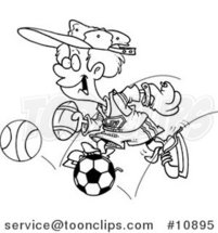 Cartoon Black and White Line Drawing of a Sporty Boy with a Baseball Glove, Basketball, Football and Soccer Ball by Toonaday