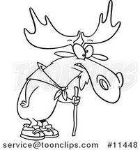 Cartoon Black and White Outline Design of a Hiking Moose Using a Walking Stick by Toonaday