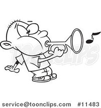 Cartoon Line Drawing of a Boy Playing a Bugle by Toonaday