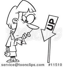 Cartoon Line Drawing of a Business Woman Looking at an up Sign Pointing down by Toonaday