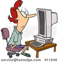 Cartoon Computer Illiterate Lady Sitting in Front of a Desktop PC by Toonaday