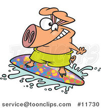 Cartoon Surfer Pig Riding a Wave by Toonaday