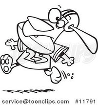 Cartoon Outlined Football Dog Character Running with the Ball in His Mouth by Toonaday