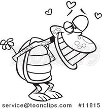 Cartoon Outlined Infatuated Tortoise Holding Flowers by Toonaday