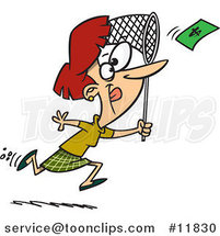 Cartoon Business Woman Chasing Money with a Net by Toonaday