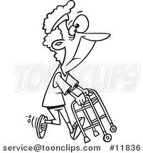 Cartoon Outlined Healthy Granny Exercising with Her Walker by Toonaday