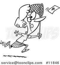 Cartoon Outlined Business Woman Chasing Money with a Net by Toonaday