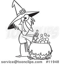 Cartoon Outlined Warted Witch Stirring Her Potion by Toonaday