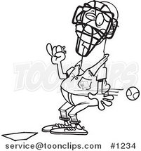 Cartoon Black and White Outline Design of a Baseball Flying past an Umpire by Toonaday