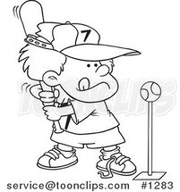 Cartoon Black and White Outline Design of a Boy Playing Tee Ball by Toonaday