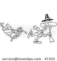 Cartoon Black and White Outline Design of a Mad Turkey Bird Chasing a Pilgrim by Toonaday