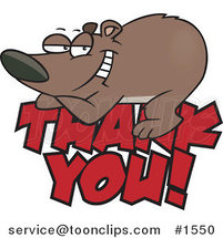 Cartoon Grateful Bear Resting on Thank You Text by Toonaday