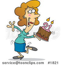 Cartoon Happy Lady Carrying a Birthday Cake with 21 Candles by Toonaday