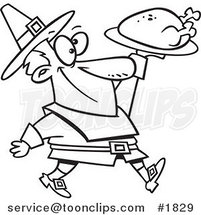 Cartoon Black and White Line Drawing of a Pilgrim Guy Carrying a Roasted Turkey by Toonaday