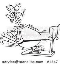 Cartoon Black and White Line Drawing of a Turkey Bird Exercising on a Treadmill by Toonaday