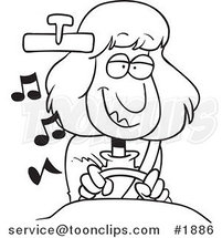 Cartoon Black and White Line Drawing of a Happy Lady Listening to Music While Driving a Car by Toonaday