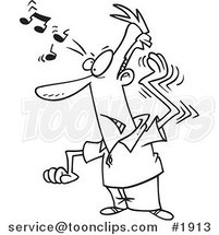 Cartoon Black and White Line Drawing of a Guy Trying to Get a Song out of His Head by Toonaday