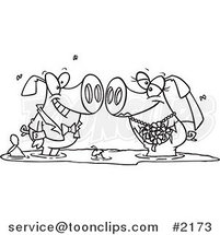Cartoon Black and White Line Drawing of a Pig Wedding Couple in a Puddle of Mud by Toonaday