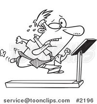 Cartoon Black and White Line Drawing of a Business Man Running on a Treadmill in the Office Gym by Toonaday