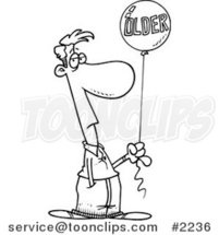Cartoon Black and White Line Drawing of a Guy Holding an Older Birthday Balloon by Toonaday