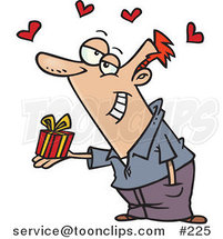 Cartoon Sweet White Guy Delivering a Tiny Gift to His Love, with Red Hearts Floating Above by Toonaday