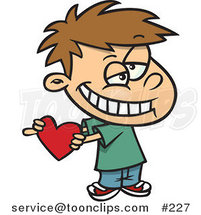 Cartoon Sweet Little White Boy Grinning and Holding a Red Heart Valentine for His Crush by Toonaday