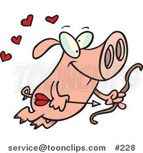 Cartoon Cute Pink Cupid Pig Flying with a Bow and Arrow, Surrounded by Red Hearts by Toonaday