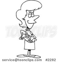 Cartoon Black and White Line Drawing of a Happy Mother Holding a Newborn Baby by Toonaday