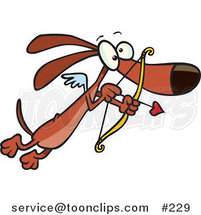 Cartoon Cute Brown Cupid Dog with Tiny Wings, Flying with a Heart Arrow Aimed by Toonaday