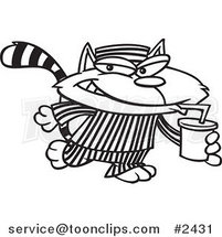 Cartoon Black and White Line Drawing of a Cat Con Drinking a Soda by Toonaday