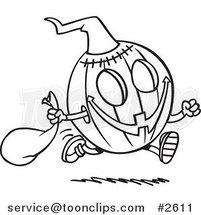 Cartoon Black and White Line Drawing of a Running Halloween Pumpkin by Toonaday