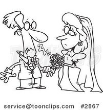 Cartoon Black and White Line Drawing of a Groom Allergic to His Bride's Bouquet by Toonaday